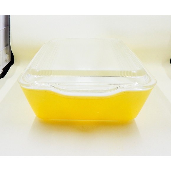 Pyrex Primary Yellow 503-B Refrigerator Dish 503-C Clear Ribbed Lid Handles - Picture 2 of 16